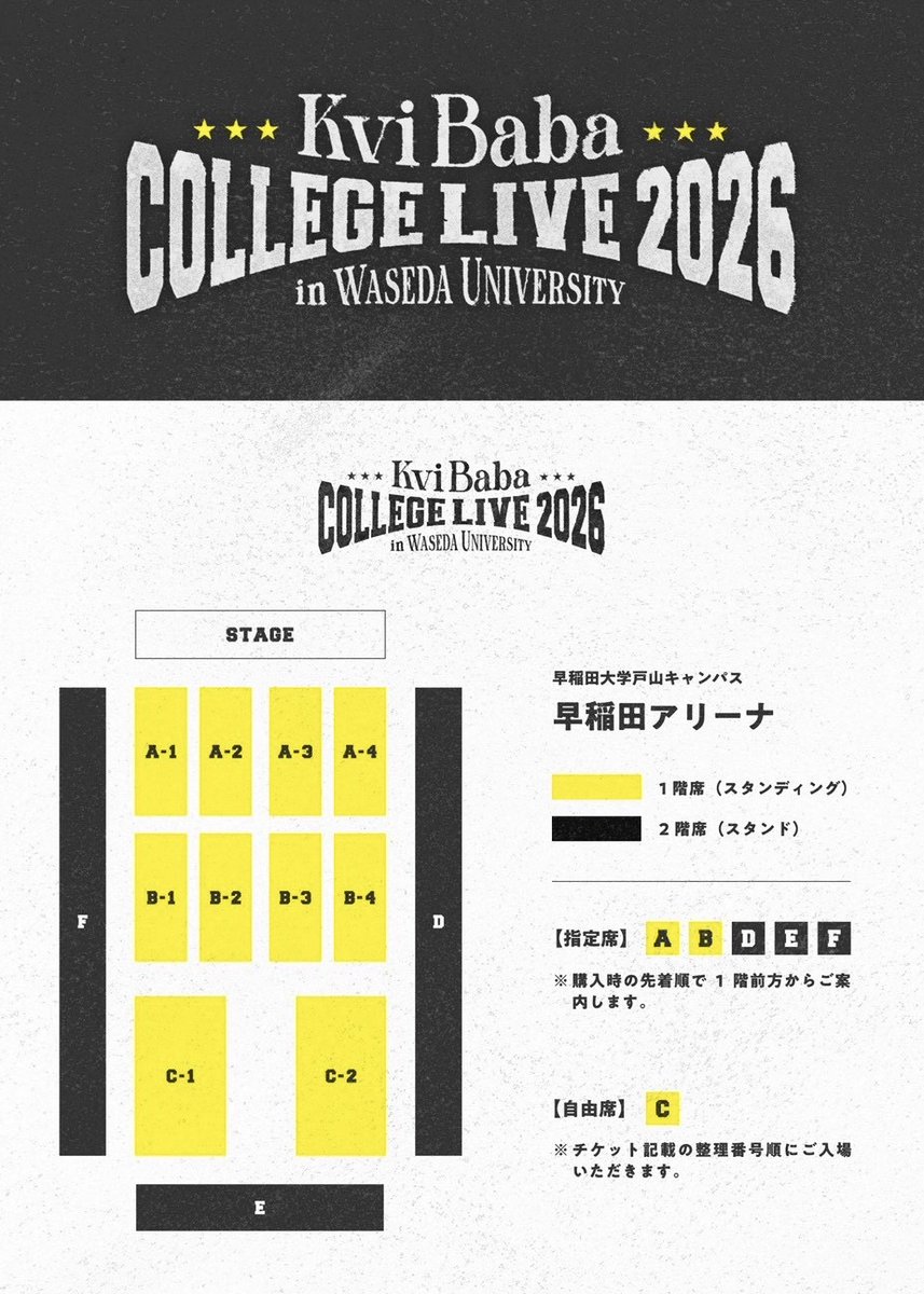 kvibaba's tweet photo. Kvi Baba、早稲田祭ワンマンライブ
『COLLEGE LIVE 2026 in WASEDA UNIVERSITY』
🎓 2026.11.7(土)
📍 早稲田アリーナ
🕚 OPEN 11:00 / START 12:00
🎫 チケット販売開始！
https://t.co/wgd477ApFt
5,000人規模の早稲田アリーナで開催する
スペシャルワンマンライブ。
ぜひ会場でお楽しみください🔥 https://t.co/20D3eZFky7