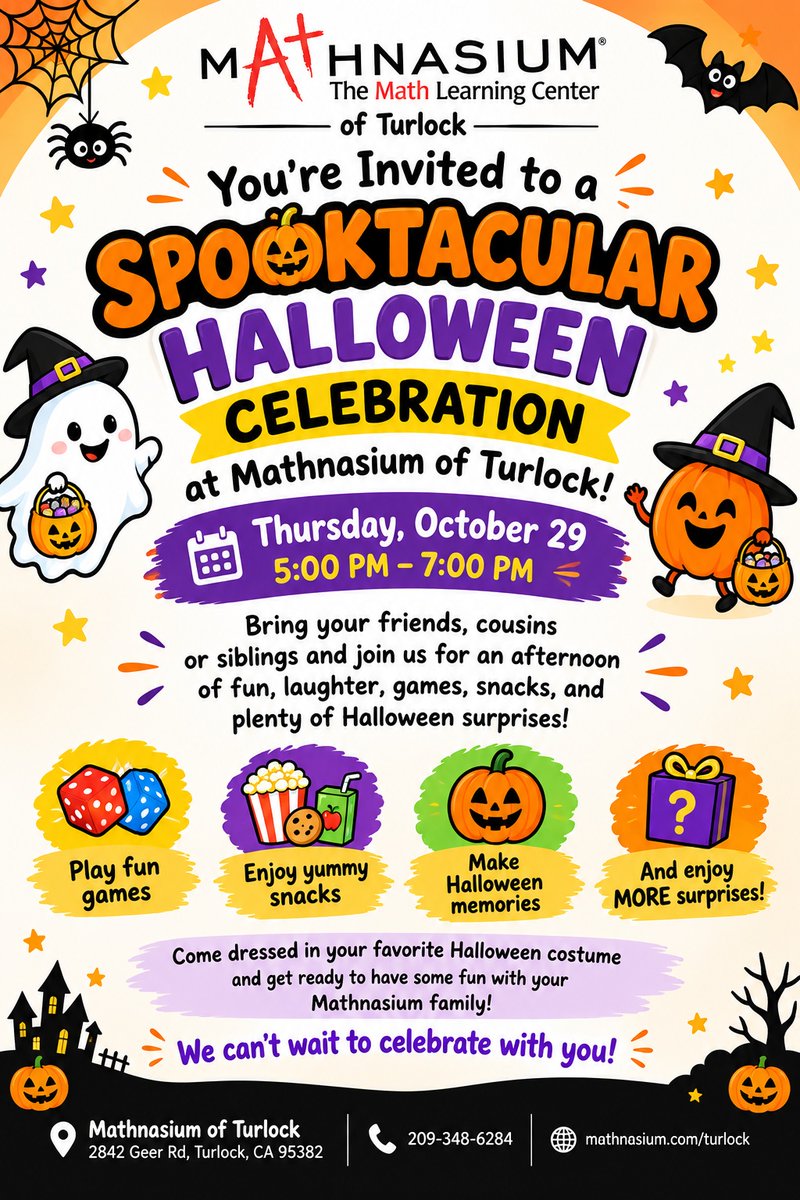 TurlockMath's tweet photo. 🎃👻 You’re Invited to a Spooktacular Halloween Celebration at Mathnasium of Turlock! 👻🎃
on Thursday, October 29! 🧡
Bring your friends, cousins, or siblings and join us for an afternoon of fun! 🎲🍿🍬
👻 
📍2842 Geer Rd, Turlock, CA 95382
🌐 https://t.co/S3o4kxFnCu https://t.co/xMOZGpGuQy