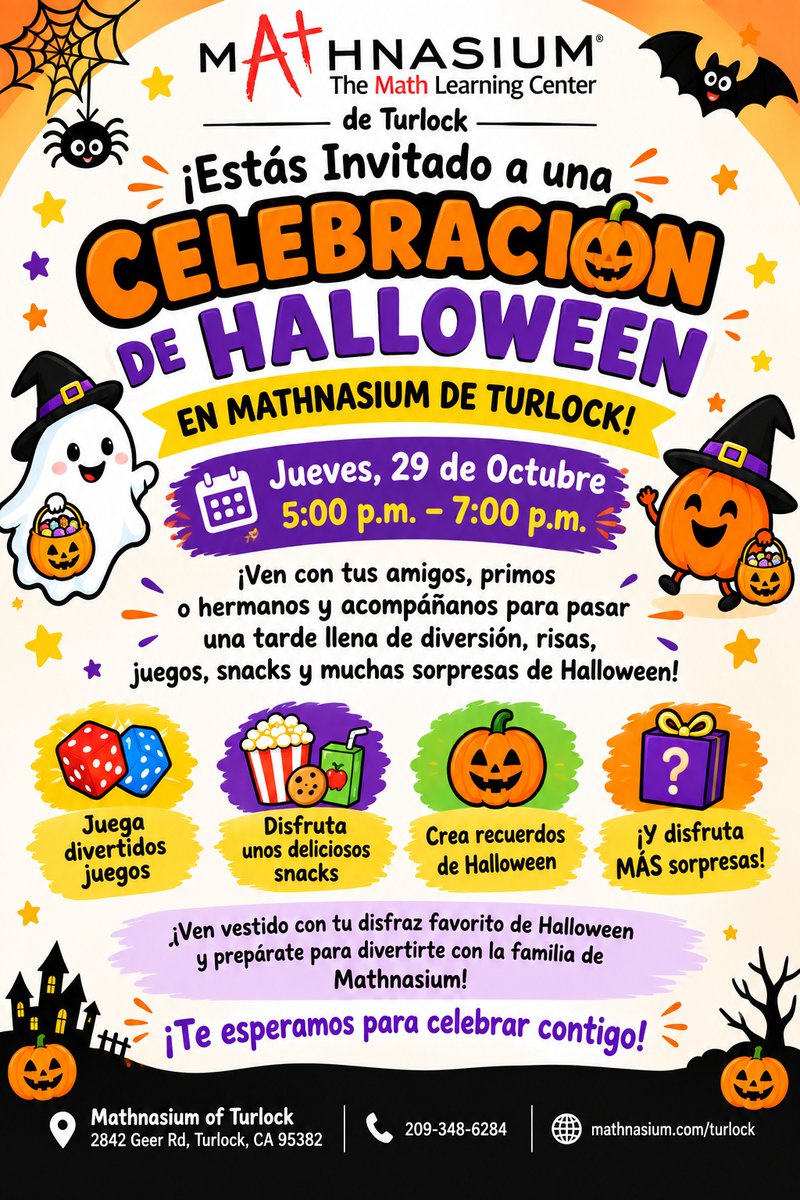 TurlockMath's tweet photo. 🎃👻 You’re Invited to a Spooktacular Halloween Celebration at Mathnasium of Turlock! 👻🎃
on Thursday, October 29! 🧡
Bring your friends, cousins, or siblings and join us for an afternoon of fun! 🎲🍿🍬
👻 
📍2842 Geer Rd, Turlock, CA 95382
🌐 https://t.co/S3o4kxFnCu https://t.co/xMOZGpGuQy