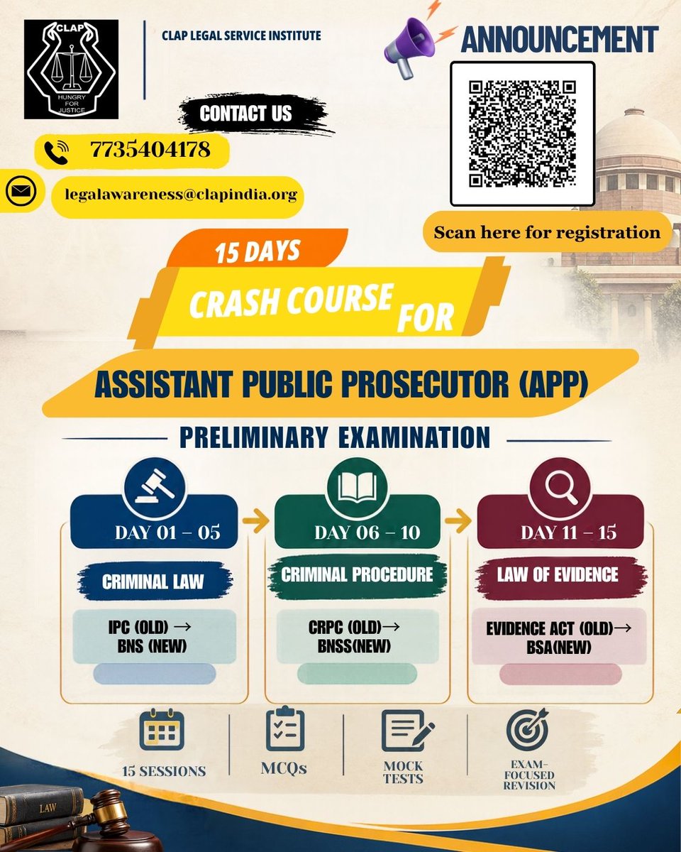clap_india's tweet photo. APP Aspirants — Start Preparing Now!
Join our APP Preliminary Examination Crash Course with 15 sessions, MCQs, mock tests & exam-focused revision covering BNS, BNSS & BSA.
Join as soon as possible!
📞 7735404178
#APPExam #APPAspirants #LawAspirants #LegalEducation https://t.co/JNoDAbNlez