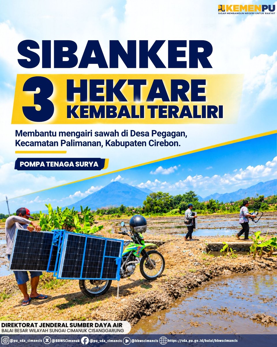 BBWSCimanuk's tweet photo. Sobat Cimancis sekitar 3 hektar sawah di Desa Pegagan, Kecamatan Palimanan, Kabupaten Cirebon, kembali mendapatkan pasolan air melalui pengoprasian mesin pompa portable tenaga surya.

#sigapmembangunnegeriuntukrakyat
#mengelolaairuntuknegeri
#airuntukpertanian
#panencirebon https://t.co/Tlh7evRs2b