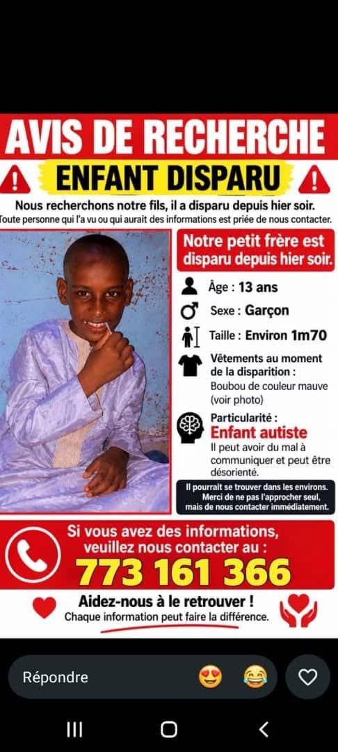 Avis_Senegal's tweet photo. 🚨Aidez sa famille à le retrouver🙏 https://t.co/FAhPFZGLlq