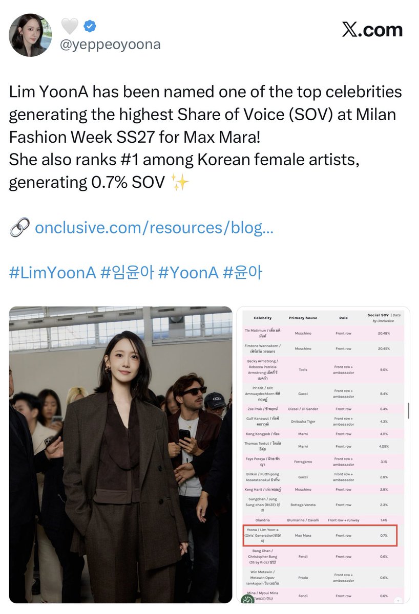 yeppeoyoona's tweet photo. Lim YoonA making it onto the list for highest Share of Voice (SOV) at 3 major global events this year.
• London Fashion Week - Burberry
• Cannes Film Festival - Qeelin
• Milan Fashion Week - Max Mara

The Queen that you are, Lim YoonA! 👑✨

#LimYoonA #임윤아 #YoonA #윤아 https://t.co/NRltYn2K43