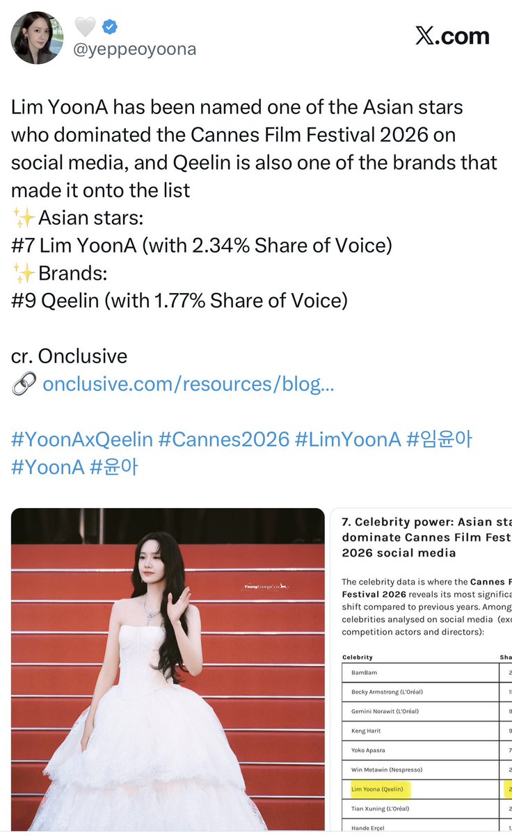 yeppeoyoona's tweet photo. Lim YoonA making it onto the list for highest Share of Voice (SOV) at 3 major global events this year.
• London Fashion Week - Burberry
• Cannes Film Festival - Qeelin
• Milan Fashion Week - Max Mara

The Queen that you are, Lim YoonA! 👑✨

#LimYoonA #임윤아 #YoonA #윤아 https://t.co/NRltYn2K43