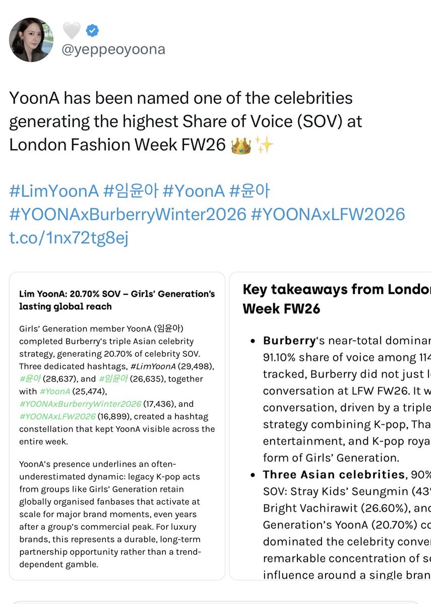 yeppeoyoona's tweet photo. Lim YoonA making it onto the list for highest Share of Voice (SOV) at 3 major global events this year.
• London Fashion Week - Burberry
• Cannes Film Festival - Qeelin
• Milan Fashion Week - Max Mara

The Queen that you are, Lim YoonA! 👑✨

#LimYoonA #임윤아 #YoonA #윤아 https://t.co/NRltYn2K43