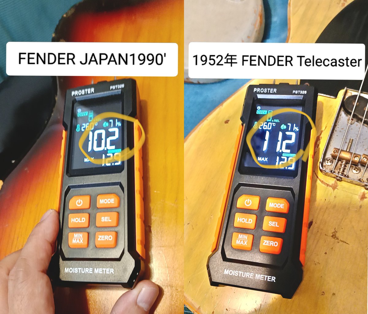 ikisugita_DIY's tweet photo. #ヴィンテージギターの俗説
水分計が届いたので水分測ってみたら、ヴィンテージが乾燥してるは嘘🔥🔥🔥🔥🔥

フェンジャパが10.2%、ヴィンテージが11.2%でした😂😂😂
明日公開できるように動画作ります！ https://t.co/NQswFmWbVk