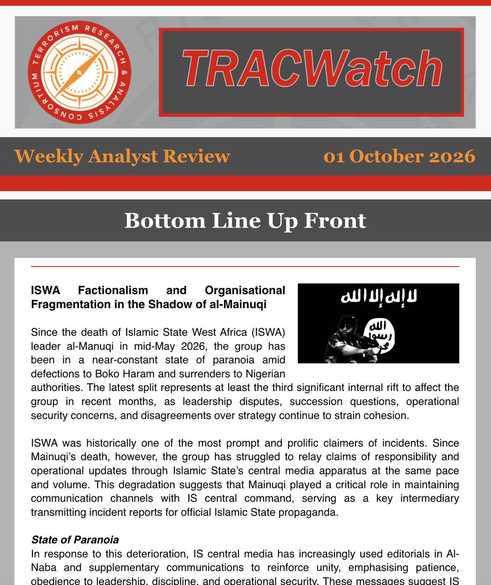 TracTerrorism's tweet photo. 🚨 NEW TRACWatch | 01 October
This week’s intelligence briefing:
⚔️ #ISWA fractures: 1,000+ fighters break away
💥 #Somalia: Heavy clashes in #Baidoa & al-Shabaab employing #drones
🇲🇽 #Mexico: Narcomantas threaten judicial & law enforcement officials
🌍 #CongoDR: ISCA militants captured and beheaded 9 Christians
🔥 PLUS: #Houthis, Muslim Brotherhood & more.
🔎 Read this week's briefing 👇
https://t.co/avSL9mmiUy
#Terrorism #GlobalSecurity #Intelligence