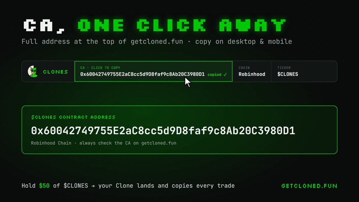 clonesRH's tweet photo. CA is now one click away on https://t.co/26njfaWe7s 

🧬 Full address at the top, copy on desktop and mobile.

0x60042749755E2aC8cc5d9D8faf9c8Ab20C3980D1 https://t.co/E3A1aCpx4D