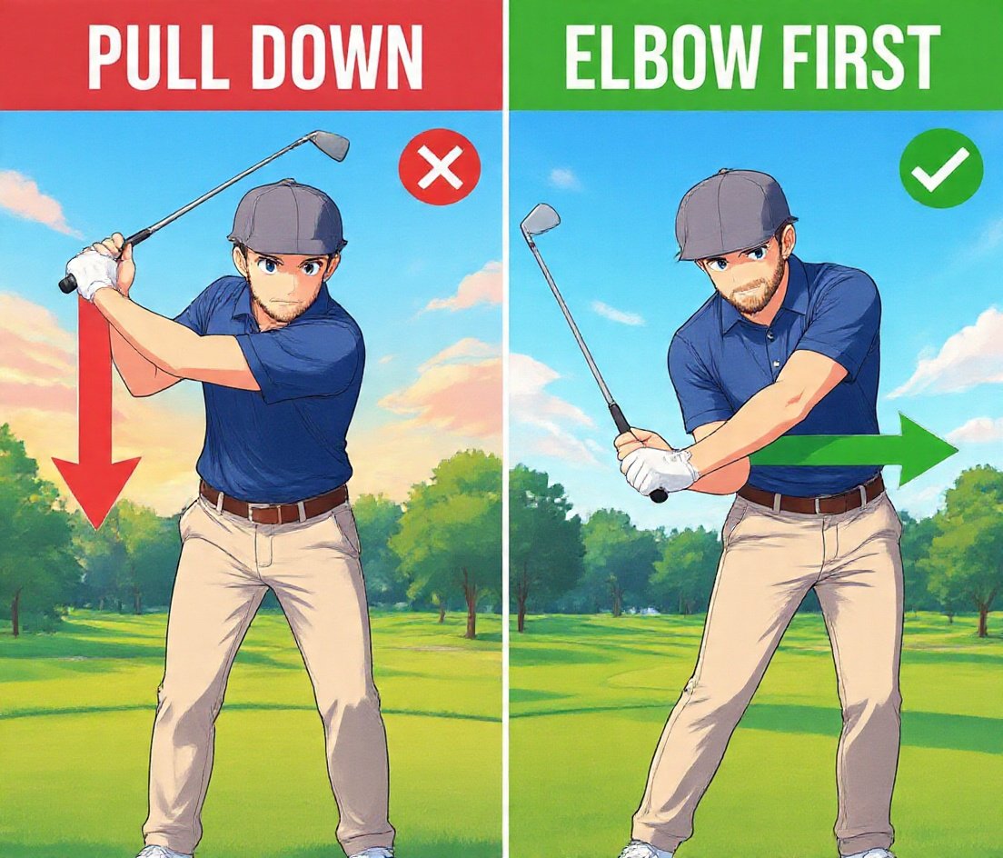 Zinniahazel's tweet photo. STOP PULLING DOWN
LET YOYE ELBOW LEAD INSTEAD.
One of the biggest mistake golfers make during the downswing is trying to pull the club straight down from the top.if feels powerful but it often causes an over the top swing.
Instead focus on starting the downswing with your trail elbow moving down and in front of your body.