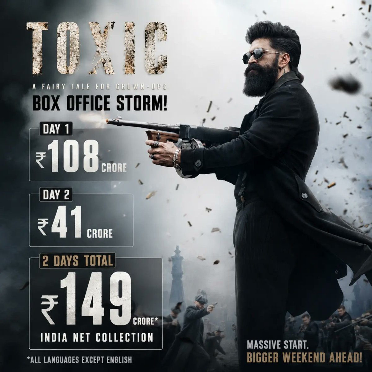 Tanzuzz's tweet photo. Yash’s Toxic: A Fairy Tale for Grown-Ups earned ₹41 crore net in India on Day 2, taking its 2-day total to ₹149 crore. The Hindi version contributed ₹24 crore net on Day 2. The festival weekend is looking massive for https://t.co/Fk09HMRjya