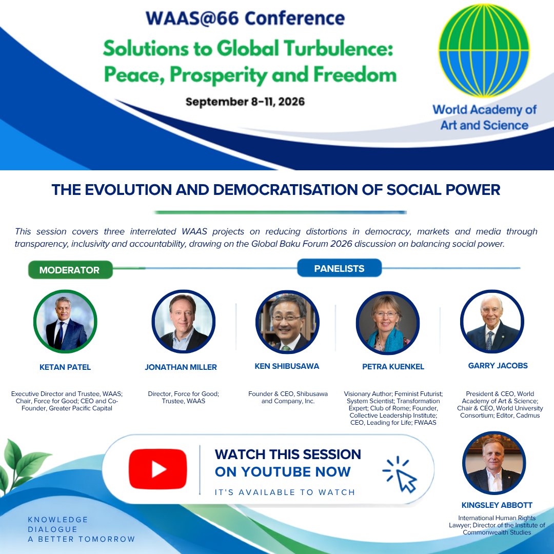 _WAAS_'s tweet photo. 🎥 Watch now: https://t.co/2ePU5qsE3i

Explore “The Evolution and Democratisation of Social Power” from WAAS@66—examining transparency, inclusivity and accountability across democracy, markets and media.

#WAAS66 #SocialPower #Democracy #GlobalCooperation https://t.co/By2XU7IW3U