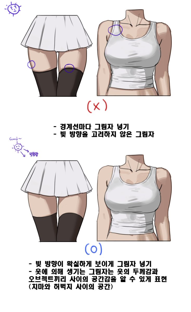 mpra4332's tweet photo. 진짜 많이 보이는 내용인데  피드백하다 생각난 김에 올립니다
위 예시처럼 그리는 경우를 많이 봤는데 빛 방향을 알기도 힘들뿐더러 옷의 두께감을 알기도 힘듭니다. 정확하게 그려보도록 합시다! https://t.co/G8smg6OwfI