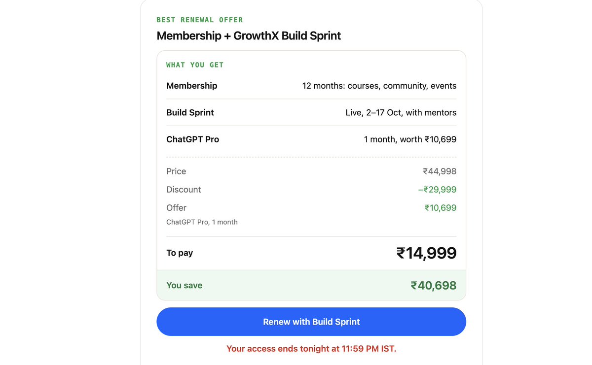 ankursolanki_'s tweet photo. @GrowthX_Club broke a promise.

I specifically asked Bhavya: GX says the membership is lifetime, so why does the invoice say 1 year?

Reply: "That's just for accounting, rest assured"

Now it's renewal time. Not renewing. Hard to trust GX anymore

Loved what you taught @udayan_w https://t.co/gDV9weZdDt