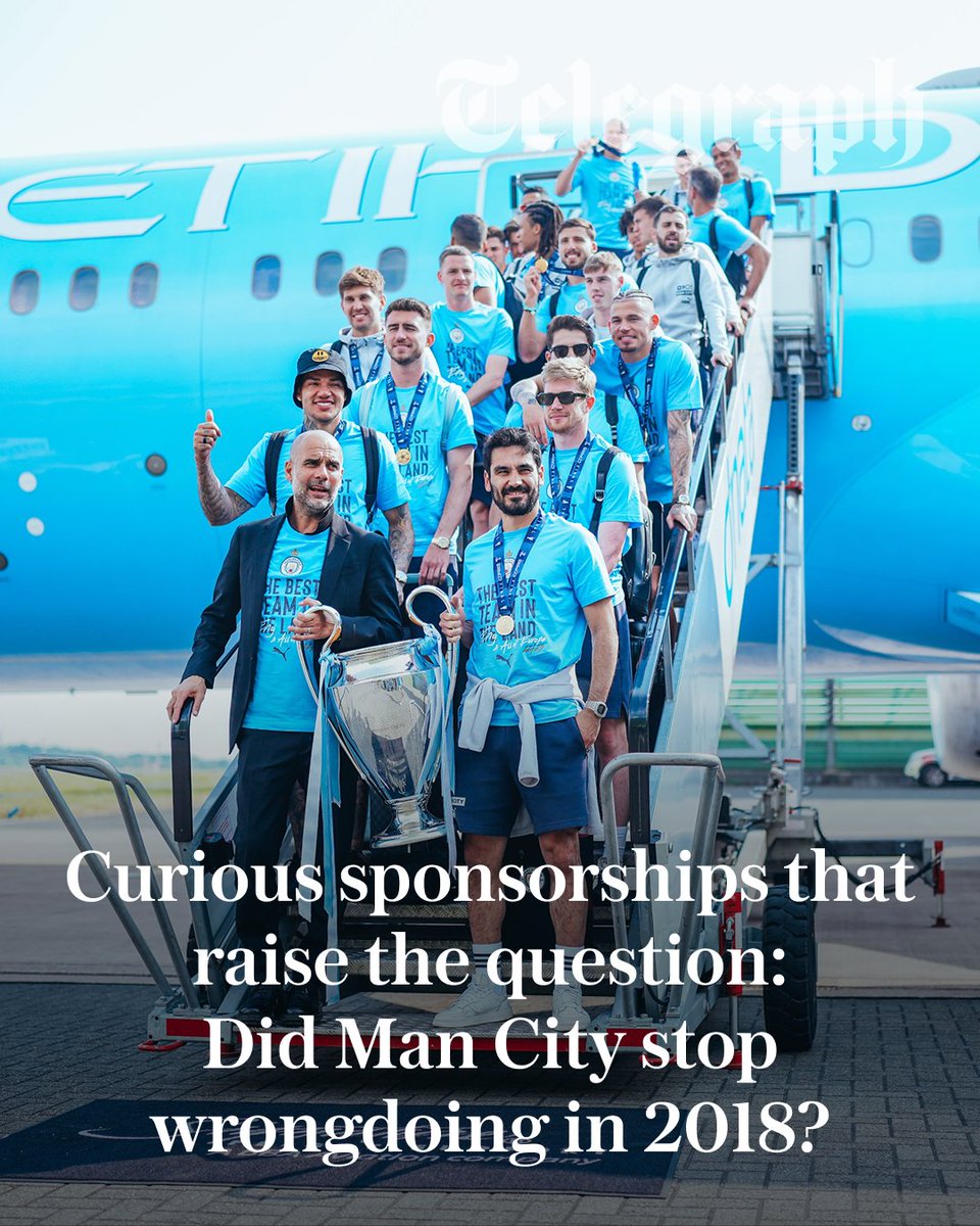 TeleFootball's tweet photo. English football has reacted with anger to the scale of Manchester City's cheating but an awkward question hangs in the air: did City suddenly clean up their act after 2018?

A number of the club’s big Abu Dhabi sponsorship deals that have attracted much of the scrutiny were still in place beyond 2018 – and remain so to this day.

@TelegraphDucker looks into what has happened to City’s commercial revenues since 2018 and the curious sponsorships that have been raising questions ⤵️
https://t.co/YdldUMYIR5