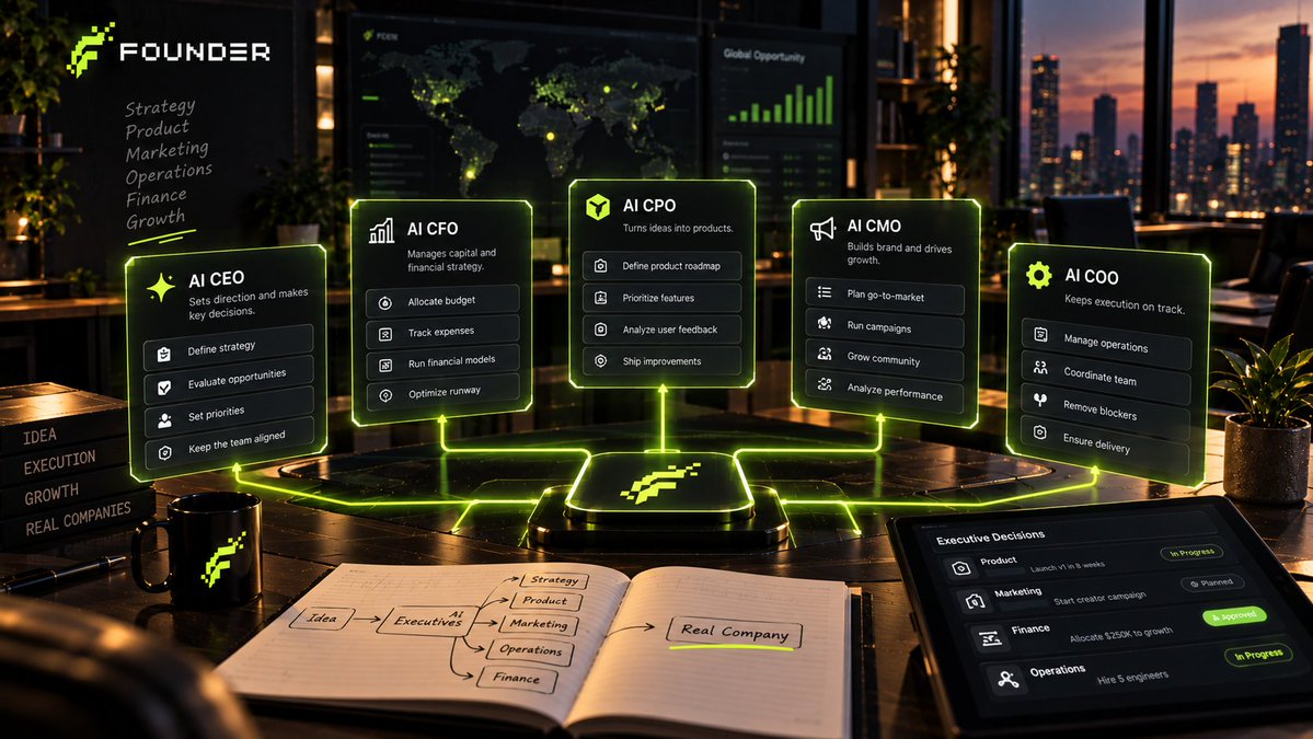FounderOnChain's tweet photo. A company doesn't need another productivity tool.

It needs people making decisions.

That's why $FOUNDER is built around AI executives rather than another dashboard. https://t.co/99JpzwWs41
