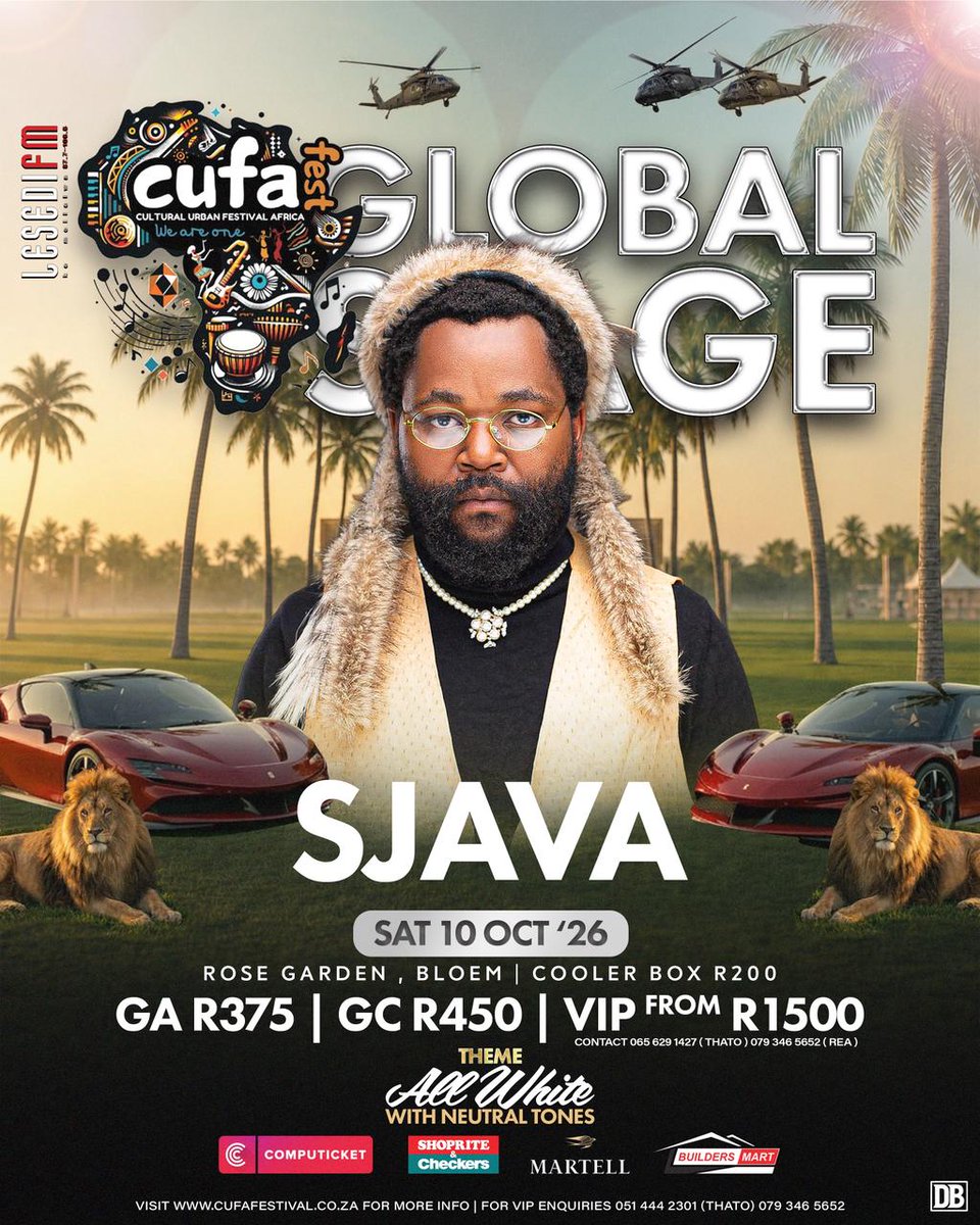 LesediFM's tweet photo. 🚨📣🔊 Tloho moketeng o moholo wa #CUFAGlobalStage - All White Festival Moqebelo ona! Ditekete di fumaneha ho Computicket le Shoprite Checkers

📆 10 Mphalane 2026
📍 Rose Garden, Bloemfontein
🎟️: https://t.co/8QeliPVVzr 

#LesediFM #CUFAFEST https://t.co/DwaxGzlJDX