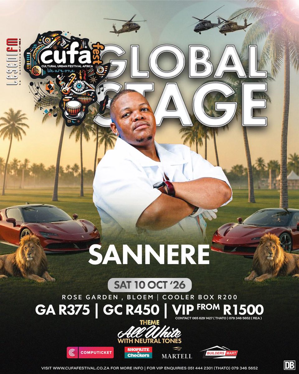 LesediFM's tweet photo. 🚨📣🔊 Tloho moketeng o moholo wa #CUFAGlobalStage - All White Festival Moqebelo ona! Ditekete di fumaneha ho Computicket le Shoprite Checkers

📆 10 Mphalane 2026
📍 Rose Garden, Bloemfontein
🎟️: https://t.co/8QeliPVVzr 

#LesediFM #CUFAFEST https://t.co/DwaxGzlJDX