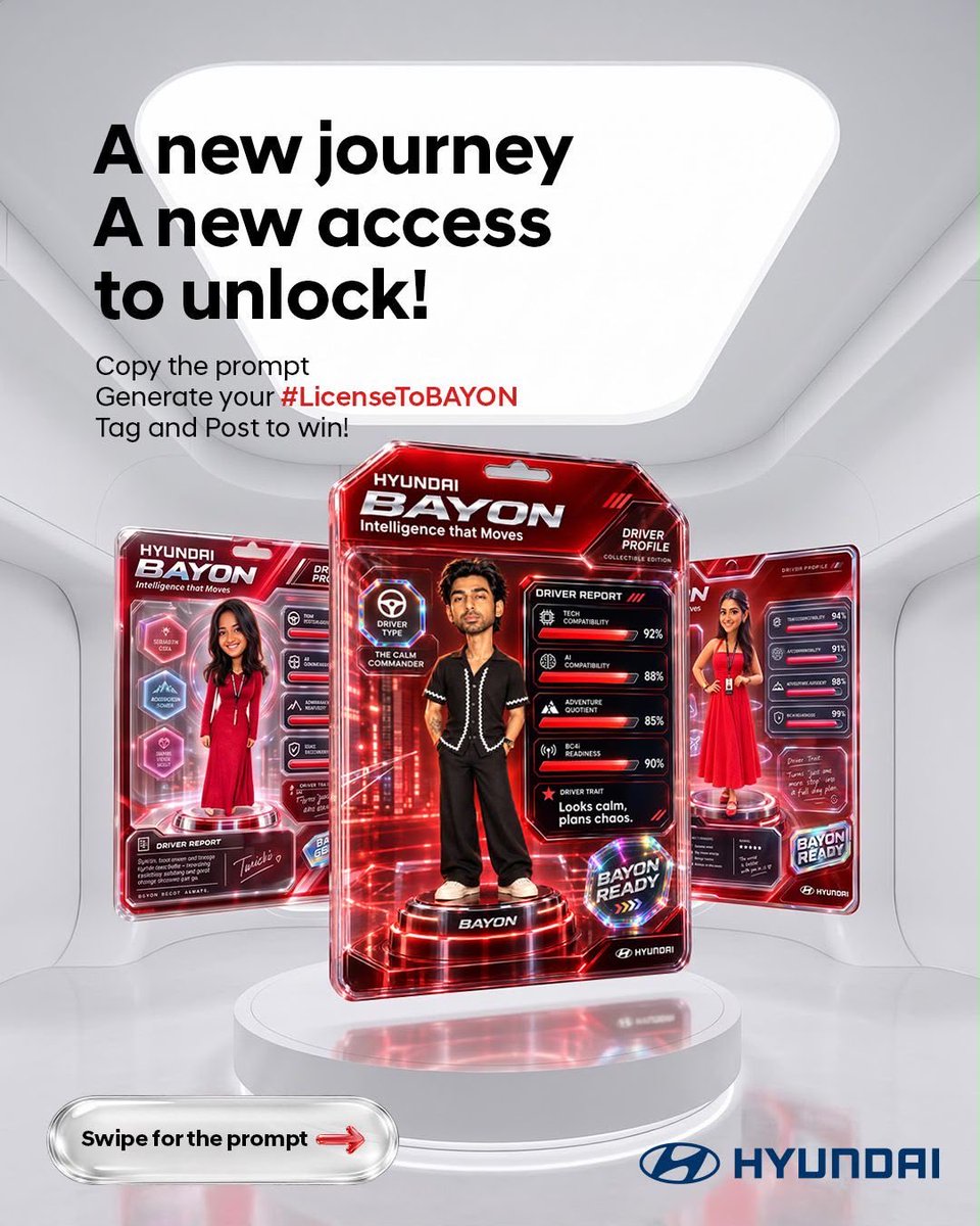 HyundaiIndia's tweet photo. CONTEST ALERT
Your #LicenseToBAYON is just a prompt away! 🔥
1. Follow @HyundaiIndia & use the prompt in this post.
2. Upload your photo + prompt on any AI platform
3. Post it, tag @HyundaiIndia & use #LicenseToBAYON.
Generate and Win
T&C apply
https://t.co/ZdhjFTXv08 https://t.co/Mv4BYRhQGB