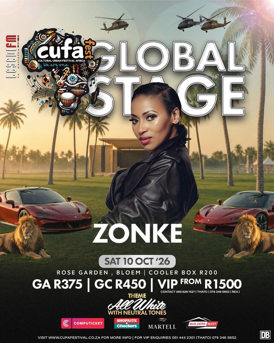 LesediFM's tweet photo. 🚨📣🔊 Tloho moketeng o moholo wa #CUFAGlobalStage - All White Festival Moqebelo ona! Ditekete di fumaneha ho Computicket le Shoprite Checkers

📆 10 Mphalane 2026
📍 Rose Garden, Bloemfontein
🎟️: https://t.co/8QeliPVVzr 

#LesediFM #CUFAFEST https://t.co/DwaxGzlJDX