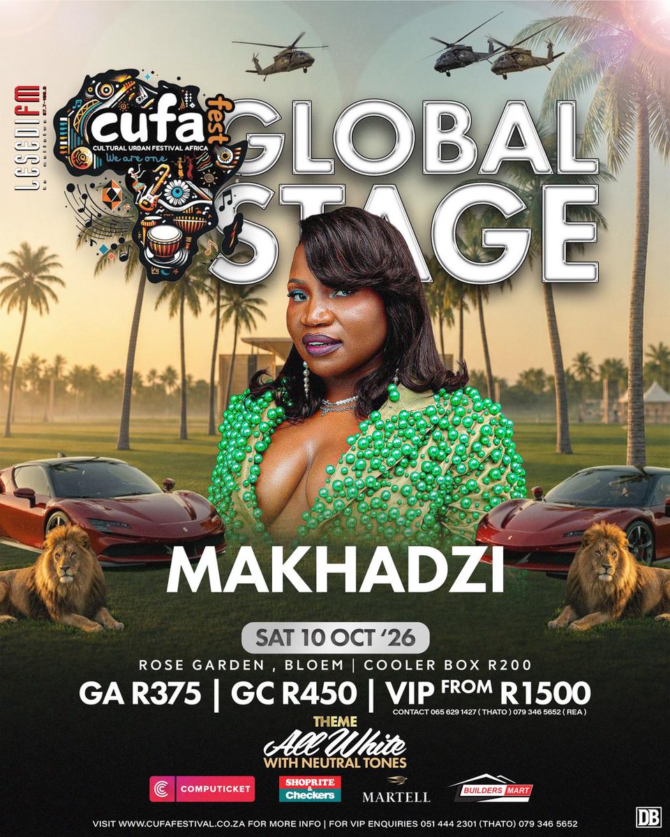 LesediFM's tweet photo. 🚨📣🔊 Tloho moketeng o moholo wa #CUFAGlobalStage - All White Festival Moqebelo ona! Ditekete di fumaneha ho Computicket le Shoprite Checkers

📆 10 Mphalane 2026
📍 Rose Garden, Bloemfontein
🎟️: https://t.co/8QeliPVVzr 

#LesediFM #CUFAFEST https://t.co/DwaxGzlJDX