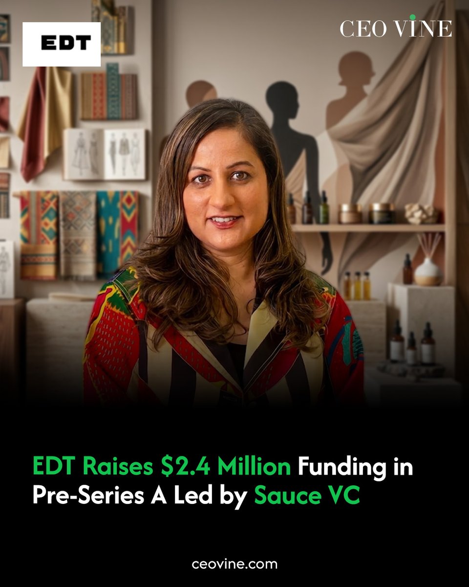 CeoVine's tweet photo. Mumbai-based consumer technology brand EDT has raised $2.4 million in a Pre-Series A funding round led by Sauce VC.
Read more: https://t.co/VIgq9ryXIJ
#EDT #EverydayDesignAndTechnology #SauceVC #Funding #StartupFunding #ConsumerTech #BeautyTech #D2C #CEOVINE https://t.co/IuMEqCNKtL