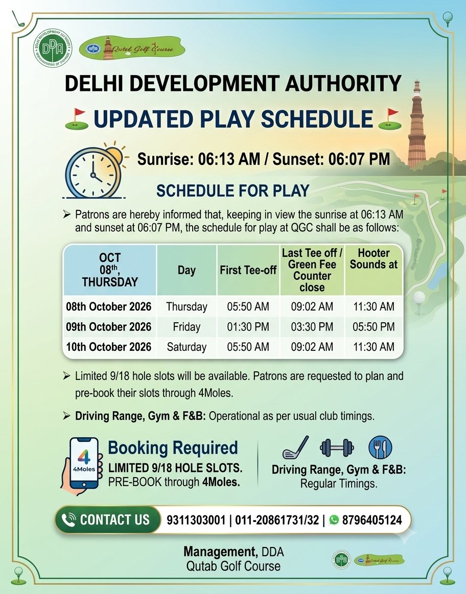 QutabGolfDDA's tweet photo. ⛳ QUTAB GOLF COURSE: PLAY SCHEDULE UPDATE ⛳
📲 Slots are limited—pre-book your 9/18-hole round via 4Moles.
🏋️ Driving Range, Gym &amp; F&amp;B open as usual.
📞 Call: 9311303001 | WhatsApp: 8796405124 https://t.co/ll0VafFwYJ