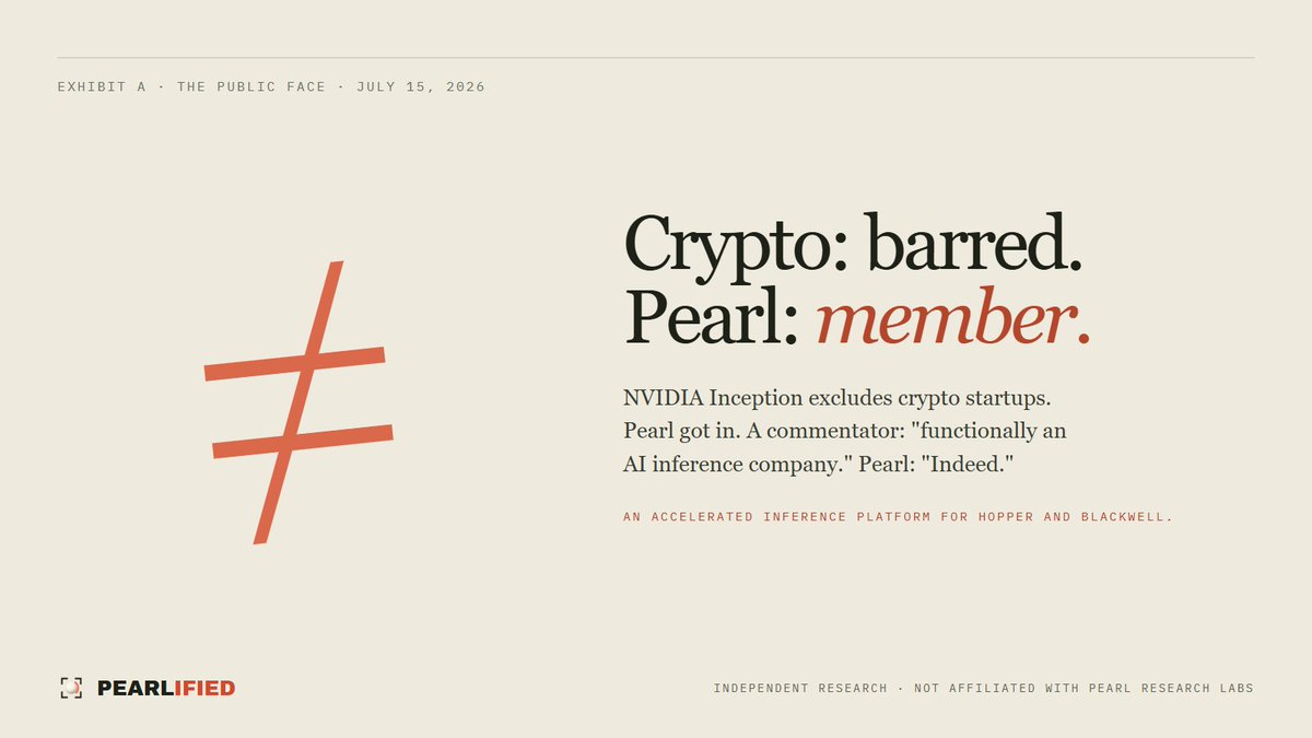 Pearlifiedhq's tweet photo. NVIDIA Inception bars crypto startups.

Pearl joined anyway.

A commentator: "Pearl Labs is functionally an AI inference company."
Pearl's verified account: "Indeed 💪"

That's the whole thesis in one word. https://t.co/W54LUkTVZv
