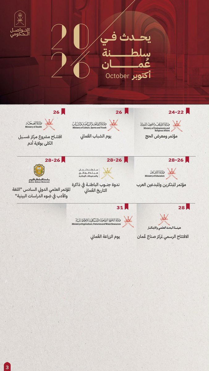 Oman_GC's tweet photo. أجندة حافلة.. فعاليات تتواصل، ومبادرات تتجدد، وجهودٌ تتكامل.

نواكب من خلالها حراك مؤسساتنا الحكومية خلال شهر أكتوبر.

#يحدث_في_سلطنة_عمان
#التواصل_الحكومي https://t.co/WDm9ol7GV0