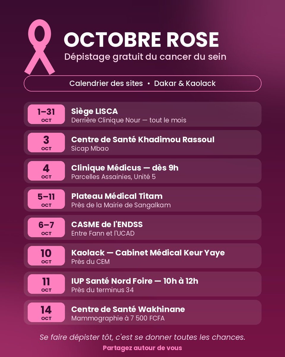 30JPLJP_SN's tweet photo. 🎀 Octobre Rose au Sénégal : le dépistage se poursuit ! Plusieurs sites à Dakar et Kaolack proposent des journées de dépistage. 

Consultez le calendrier, faites-vous dépister tôt et partagez l’information autour de vous. 💗

Signez la pétition https://t.co/qfMJ3QUbNC https://t.co/zOUPng1v9Y