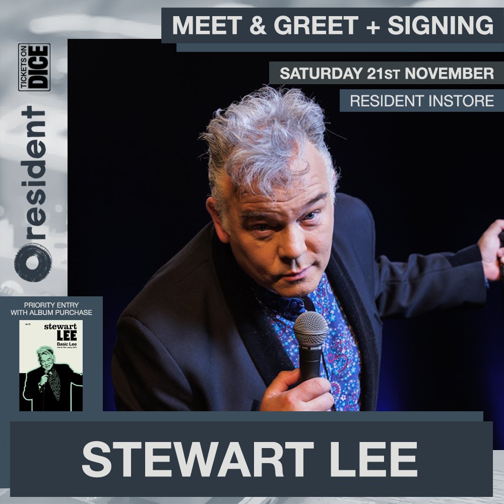 residentmusic's tweet photo. Firm staff fave Stewart Lee is Resident-bound for a Meet &amp; Greet + Signing! Preorder a copy of 'Basic Lee: Live At The Lowry, 2024' &amp; come down to get it signed by the man himself!

Snap yours up here: https://t.co/LwmJOXMqRf https://t.co/L6Fn0MYqMN
