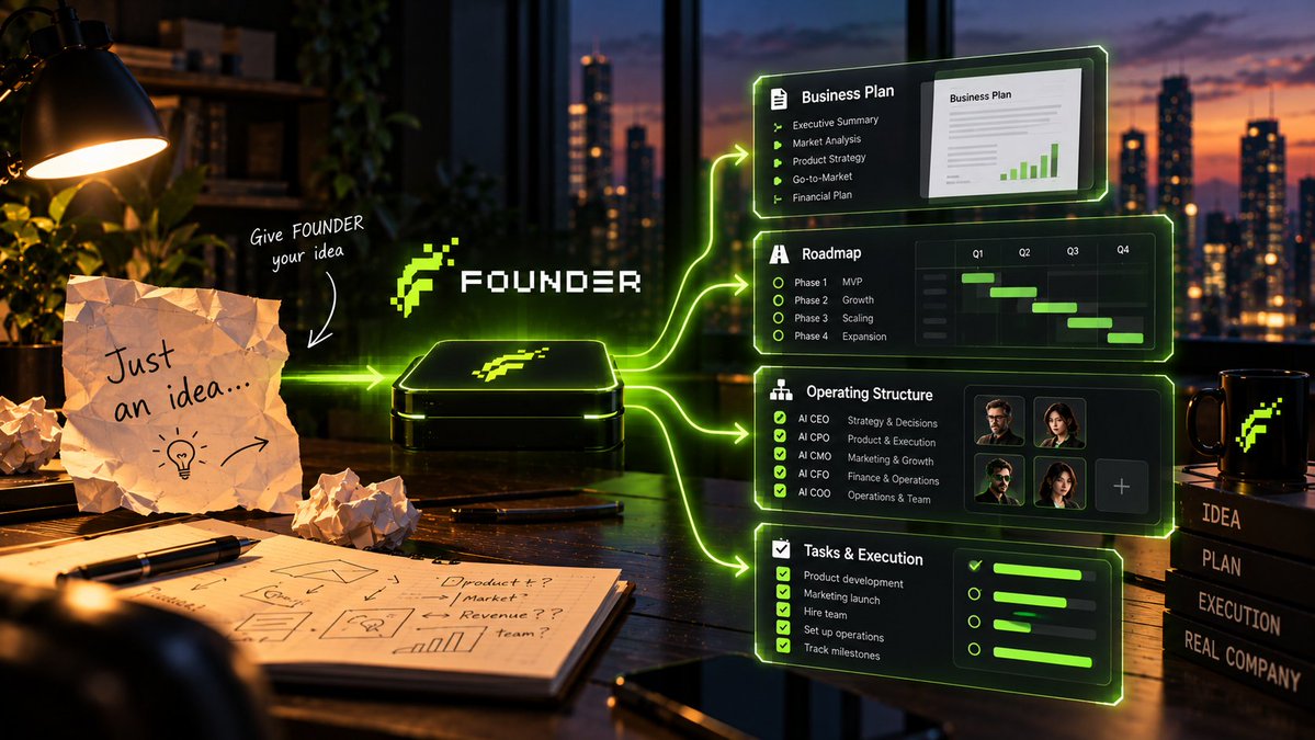 FounderOnChain's tweet photo. Your idea shouldn't need a 20-page business plan before you can start building it.

Give $FOUNDER the idea.

Let the executive team turn it into a business plan, roadmap, and operating structure. https://t.co/HXfCS14hCH