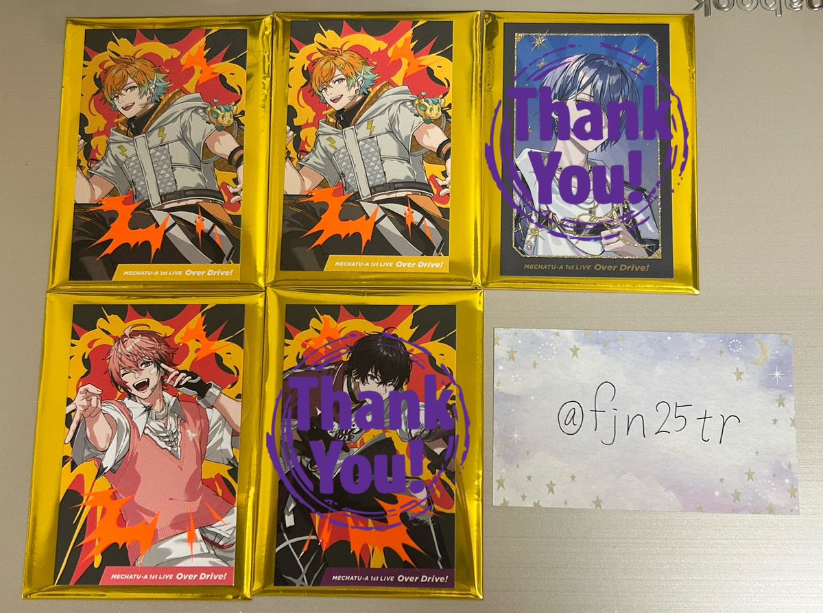 fjn25tr's tweet photo. 【交換】にじさんじ MECHATU-A 1st LIVE Over Drive! ランダムカード ビジュアルカード 特典

譲：画像1・2
求：画像3❤️

郵送希望です。
特典と交換の場合も1：1でお願いいたします。
検索からでもお気軽にお声掛けください。
（※初回はプロカ必読でお願い致します） https://t.co/X0lk1x0KPQ