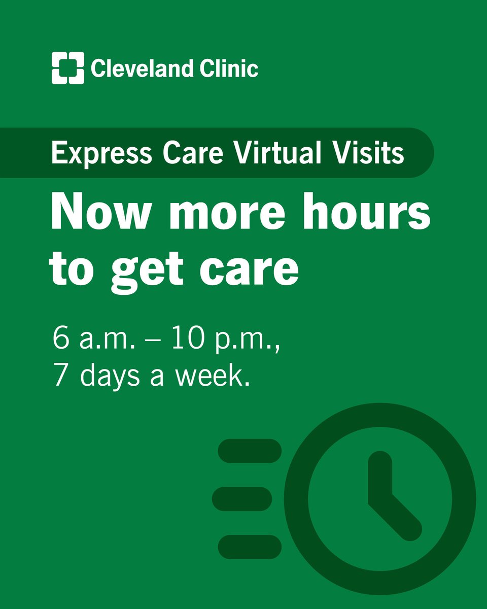 ClevelandClinic's tweet photo. More hours. More options for care from home.
Need care for a common health concern? Connect virtually with a Cleveland Clinic provider.

Learn more at https://t.co/w4ZO4TrJBN https://t.co/SCIZ87pJuM