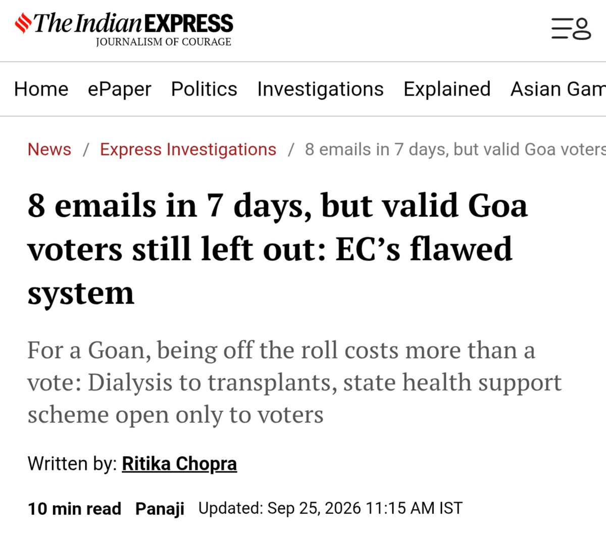 indicrealist's tweet photo. The fact that @RitikaChopra__ / @IndianExpress never mentioned that Portuguese passport holders were among those excluded in her 'dedicated report' tells you everything about the 'investigation' she conducted. 🤡

Why give unnecessary credibility to the ECI's SIR exercise in what is essentially a collusive libel hit-job against the ECI?

The right to be included illegally on the electoral roll for "health-scheme benefits" cannot come at the cost of diluting the value of legitimate votes and infringing on the benefits of genuine voters.

Such "journalism of collusion and conspiracy" must be brought down.

@desishitposterr