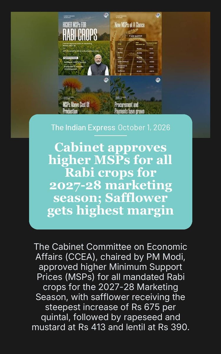 SJVatsal's tweet photo. Cabinet approves higher MSPs for all Rabi crops for 2027-28 marketing season; Safflower gets highest margin.
(#Modi #BJP #NewIndia #India
#ModiHaiToMumkinHai #ModiGovt
#PositiveIndia #SankalpSeSidhhi) https://t.co/5aam98Zn5V