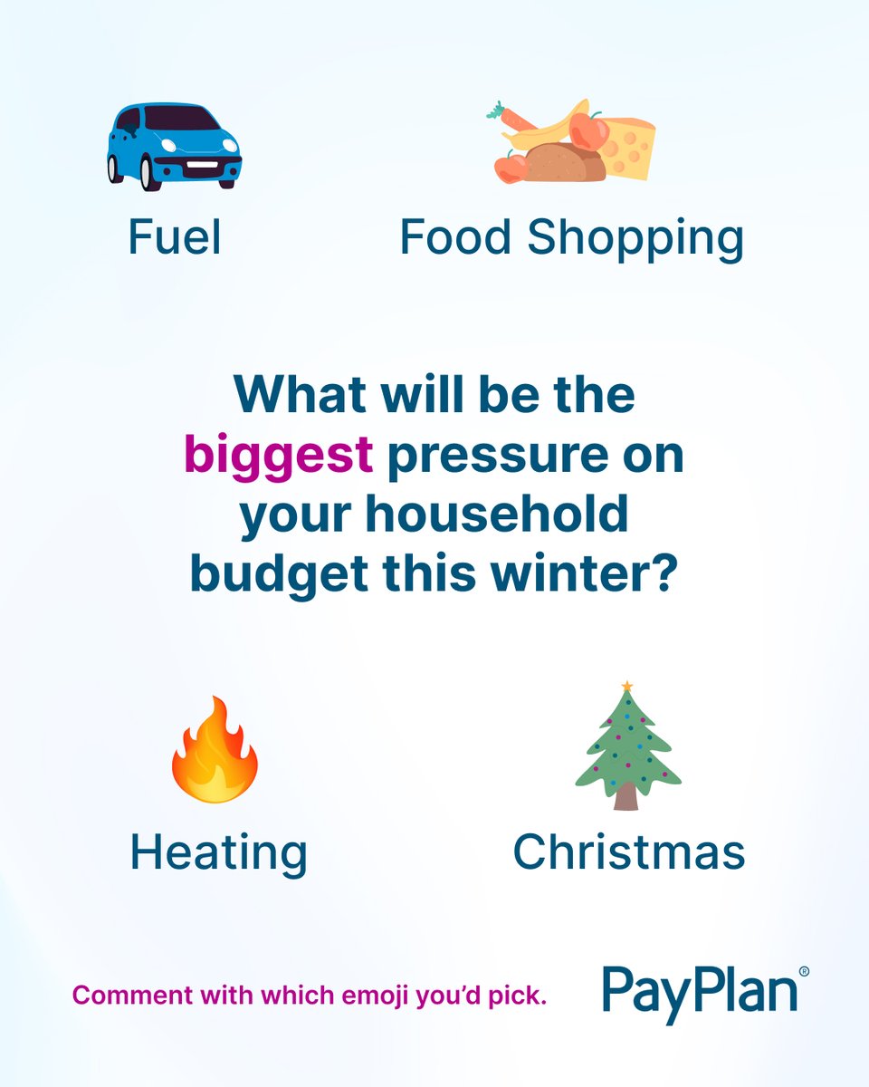 PayPlan's tweet photo. What's going to be the biggest pressure on your household budget this autumn winter?

Drop the emoji in the comments for what you'd pick

🚗Fuel 
🔥Heating 
🎄Christmas 
🍴Food shopping 

#winterbills #debthelp https://t.co/a9o8Hj6ZPA