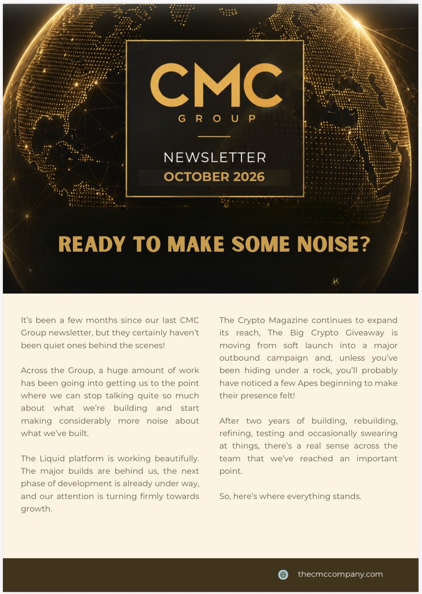 LiquidNftMarket's tweet photo. Did you know that Liquid NFTs was part of a much bigger entity - the CMC Group? Our sister brands include @cryptomagz and @FUSDFinance 🦾🦾

Our October group newsletter landed this morning, and it's a great read - come and find out why we're excited! https://t.co/SlCwfTOQpb