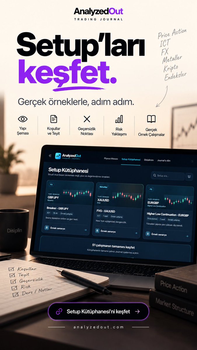 AnalyzedOut's tweet photo. https://t.co/ZR186zP7Cn

Trading sürecini tek yerde toparla.

• Piyasa Masası ile güne hazırlan
• Setup Kütüphanesi’ni incele
• İşlemlerini kaydet
• Performansını analiz et
• Disiplinini verilerle takip et

Ücretsiz Trade Journal.
İşlemlerini sadece hatırlama, gerçekten analiz et.

#Trading #TradeJournal #PriceAction #XAUUSD #Forex #Trader #TradingPsychology #AnalyzedOut