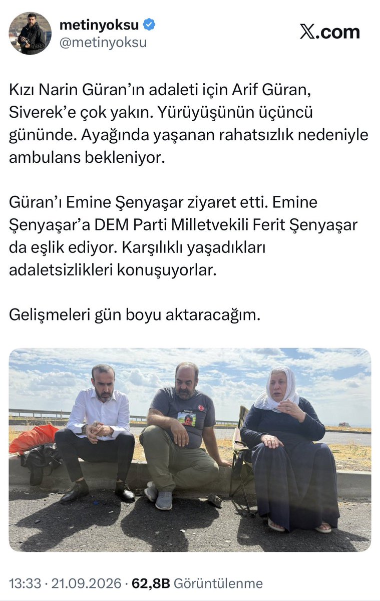 metinyoksu's tweet photo. Haberlerime Erişim Engeli Ve Habercilik Faaliyetime Tehdit

Gazetecilik faaliyetim kapsamında çektiğim fotoğrafa ve bazı haberlerime erişim engeli kararı getirildi. Fotoğraftaki kişiler Dem Parti Milletvekili Ferit Şenyaşar, Emine Şen Yaşar ve Arif Güran’dır. 

Yaklaşık sekiz yıldır İstanbul’dan Batman’a yerleştiğim günden bu yana Kürt kentlerinde spordan ekolojiye, insan hakları ihlallerinden sokağın nabzına gazetecilik faliyetinde bulunuyorum. Dijital tehditlerin yanı sıra fiziki saldırı ve tehditlere çoğu defa maruz kaldım. Her defasında gazeteciliğe devam ettim. Yine gazetecilik yaparak yoluma devam ederken tehditlerin biçimi değişti. Suç duyurusu ve gerekli hukuki işlemlerde bulunacağım. Gazetecilik kurumlarına ve üyesi olduğum gazetecilik kurumlarına da gerekli yazılı bilgilendirmeleri yapacağım.