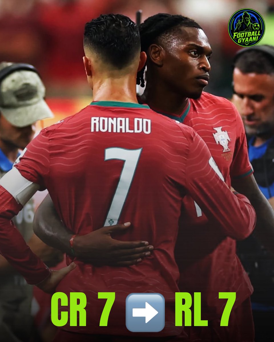 FootballGyaani's tweet photo. 🚨🇵🇹 A NEW ERA FOR PORTUGAL!

Rafael Leão is set to wear Cristiano Ronaldo’s iconic No. 7 shirt for the next two games. 👕7️⃣

The number carries history. Now, it’s Leão’s turn to wear it. 👀🔥

#RafaelLeao #CristianoRonaldo #Portugal #CR7 https://t.co/HnSDcPLhs6