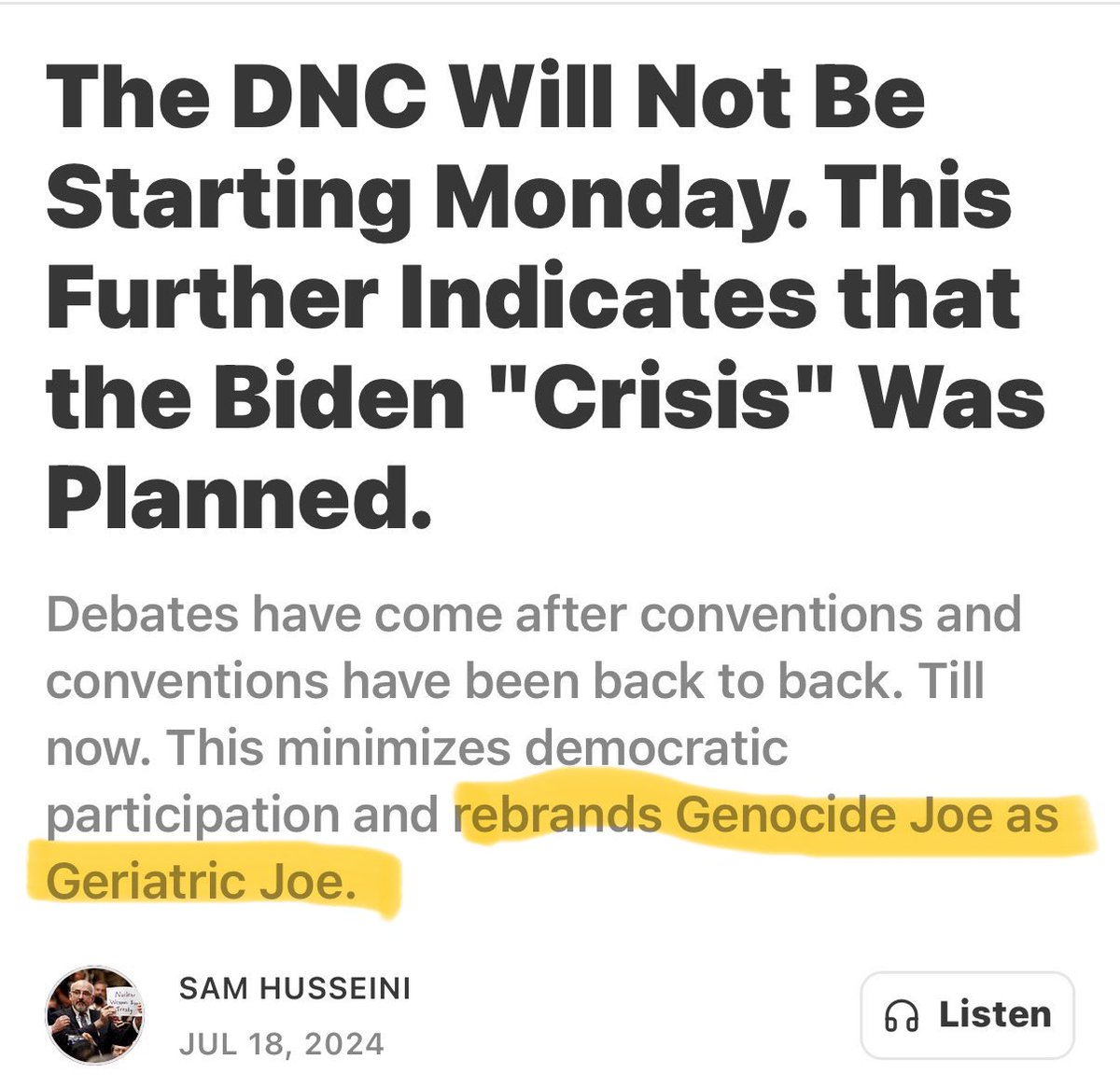 samhusseini's tweet photo. I’ve not followed this closely but the story helps imperial Israel in that it puts it in the headlines wo the slightest reference to genocide or aggressive war. 

It’s like Joe Biden being rebranded in 2024 from Genocide Joe to Geriatric Joe as I wrote at the time: https://t.co/sYx7WN6P4u