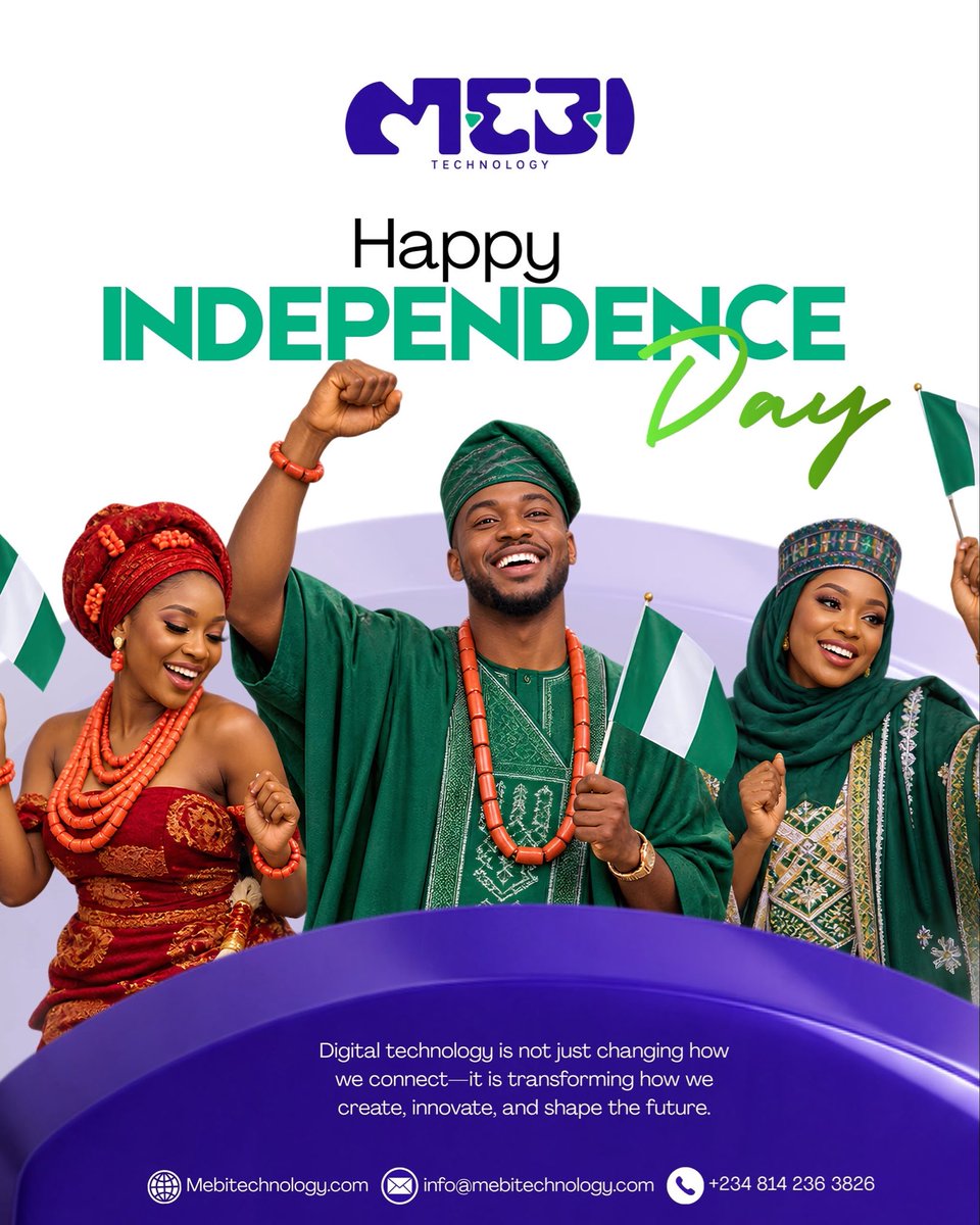 MEBITECHNOLOGY's tweet photo. At MEBI Technology, we’re proud to be part of a generation using technology to create solutions for a smarter, more connected Nigeria.

Happy New Month &amp; Happy Independence Day, Nigeria! 🇳🇬🎉

#MEBITechnology #HappyNewMonth #IndependenceDay #Nigeria #Innovation https://t.co/eeuY3brtTF