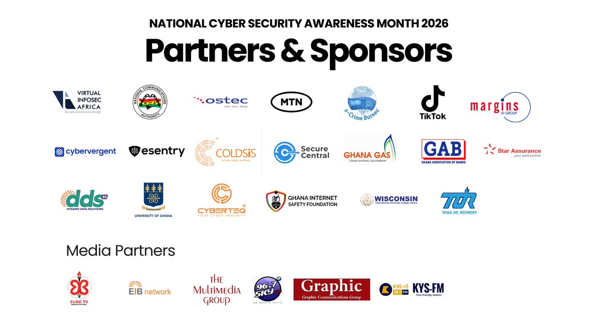 CSAGhana's tweet photo. Official Sponsors and Partners for the National Cyber Security Awareness Month (NCSAM) 2026
#NCSAM2026 #BuildingDigitalTrust #OctoberIsNCSAM https://t.co/h93eIjdtX3