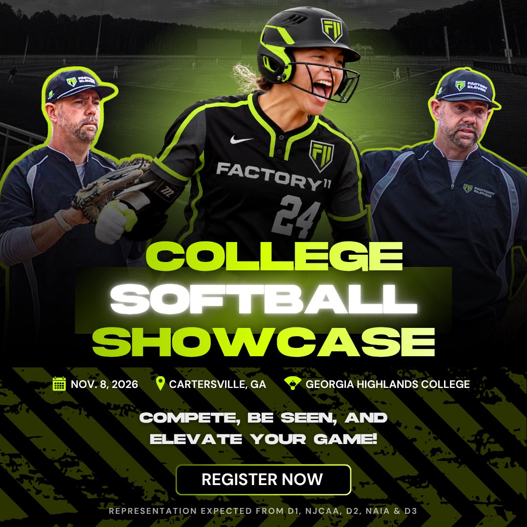 Factory11Sports's tweet photo. College softball goals? Get your game in front of coaches. 🥎

Nov. 8 | 1–6 PM
Georgia Highlands College, Cartersville, GA

Register: https://t.co/FfrQBauumX

#Factory11 #SoftballShowcase #CollegeSoftball #SoftballRecruiting #Softball https://t.co/0dElLEIoGS