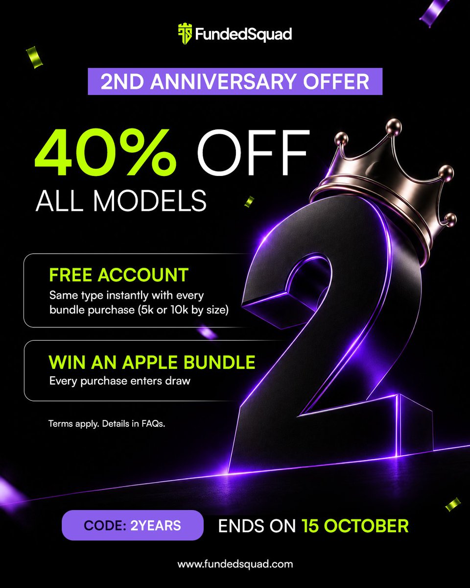 fundedsquad's tweet photo. 🚨 IT’S LIVE — FUNDEDSQUAD’S 2ND ANNIVERSARY! 🚨

2 YEARS. 40% OFF. FREE ACCOUNTS. 

🔥 40% OFF ALL MODELS

🎁 FREE ACCOUNT WITH EVERY ELIGIBLE BUNDLE
💰 BUNDLES FROM $10K UP TO $200K

BUY AN ELIGIBLE BUNDLE → GET A FREE ACCOUNT OF THE SAME TYPE INSTANTLY.

📱 APPLE BUNDLE GIVEAWAY
• 3 lucky winners
• 1 entry with every eligible purchase
• Winners announced October 16

🎟️ CODE: 2YEARS

⏳ OCTOBER 1–15 ONLY

This is our biggest anniversary celebration yet.
2 years. Bigger discounts. Bigger bundles. Bigger rewards.

📖 For full details, please visit our FAQ.

🔥 DON’T WAIT. GRAB YOUR DEAL BEFORE OCTOBER 15.