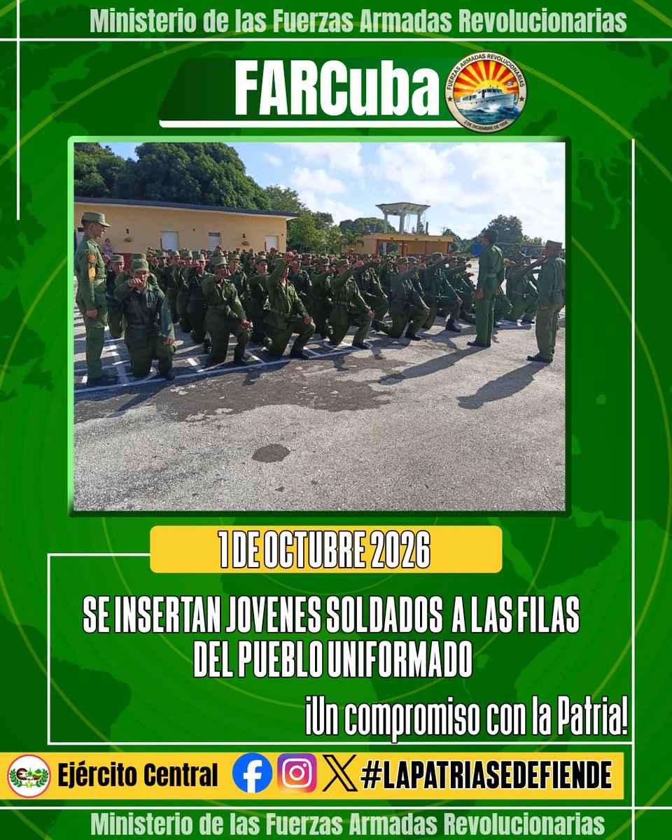 CentralEjercito's tweet photo. Defender la Patria es el honor más grande y el deber sagrado de todo cubano. Es cuidar nuestras raíces, nuestra historia y el futuro que construimos juntos. ¡La Patria se defiende con trabajo, unidad y firmeza! 🇨🇺
#FARCuba #LaPatriaSeDefiende https://t.co/HbOgceJSxb