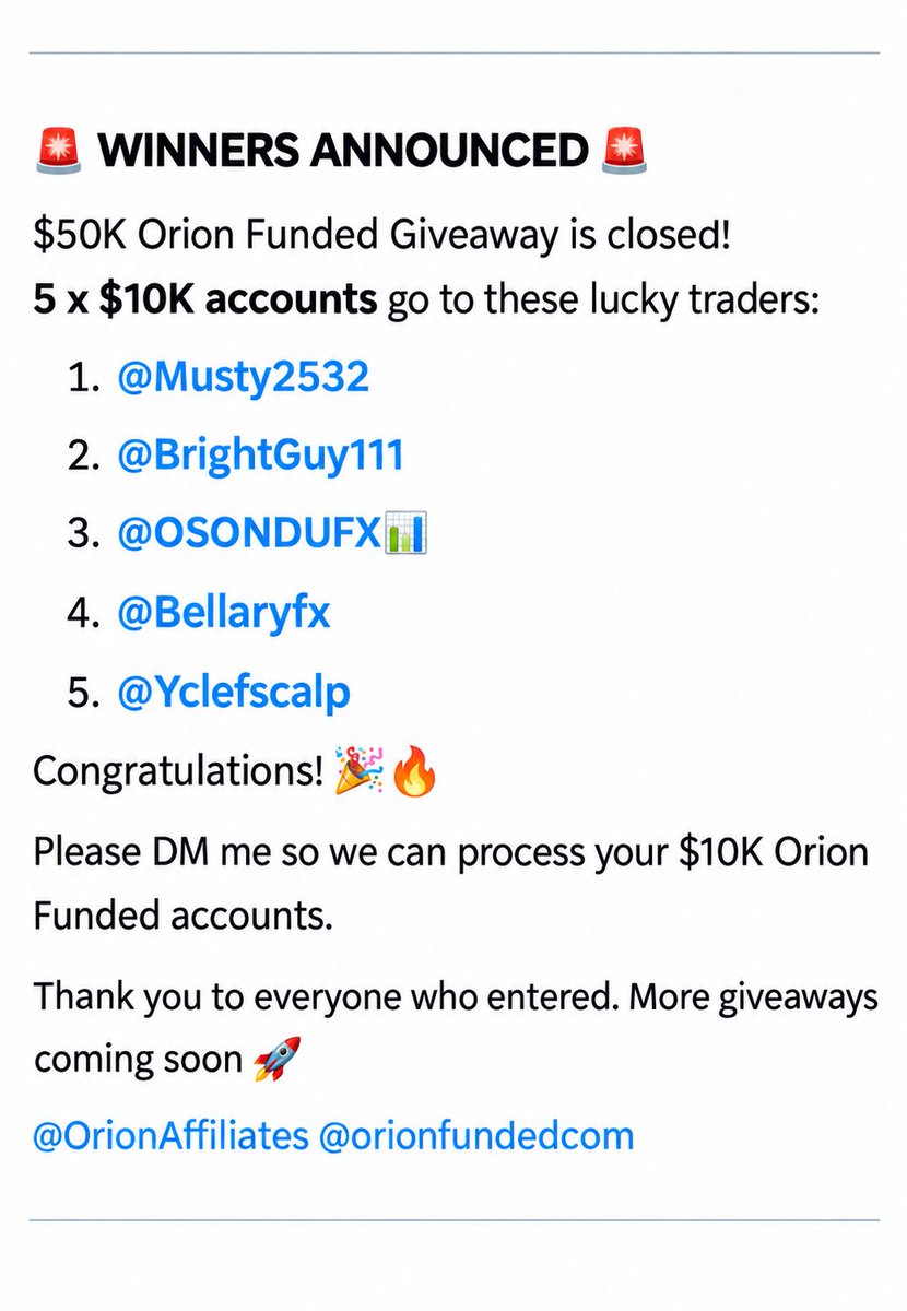 IliyaKizito's tweet photo. 🚨 WINNERS ANNOUNCED 🚨

@Musty2532
@BrightGuy111
@OSONDUFX📊
@Bellaryfx
@Yclefscalp 

Congratulations! 🎉🔥  

Please DM me so we can process your $10K Orion Funded accounts.

Thank you to everyone who entered. More giveaways coming soon 🚀 https://t.co/7eihQrGbbp