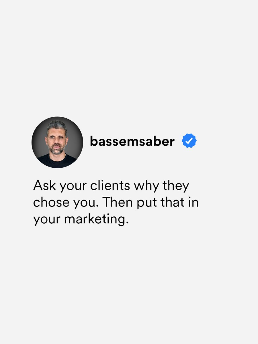 BassemSaber_'s tweet photo. One of the most useful questions you can ask a client is why they picked you over the others.​

The answer tells you what to say to the next person who's deciding.​

​It's simple, it's free, and very few businesses do it. https://t.co/aT6wlUgneS