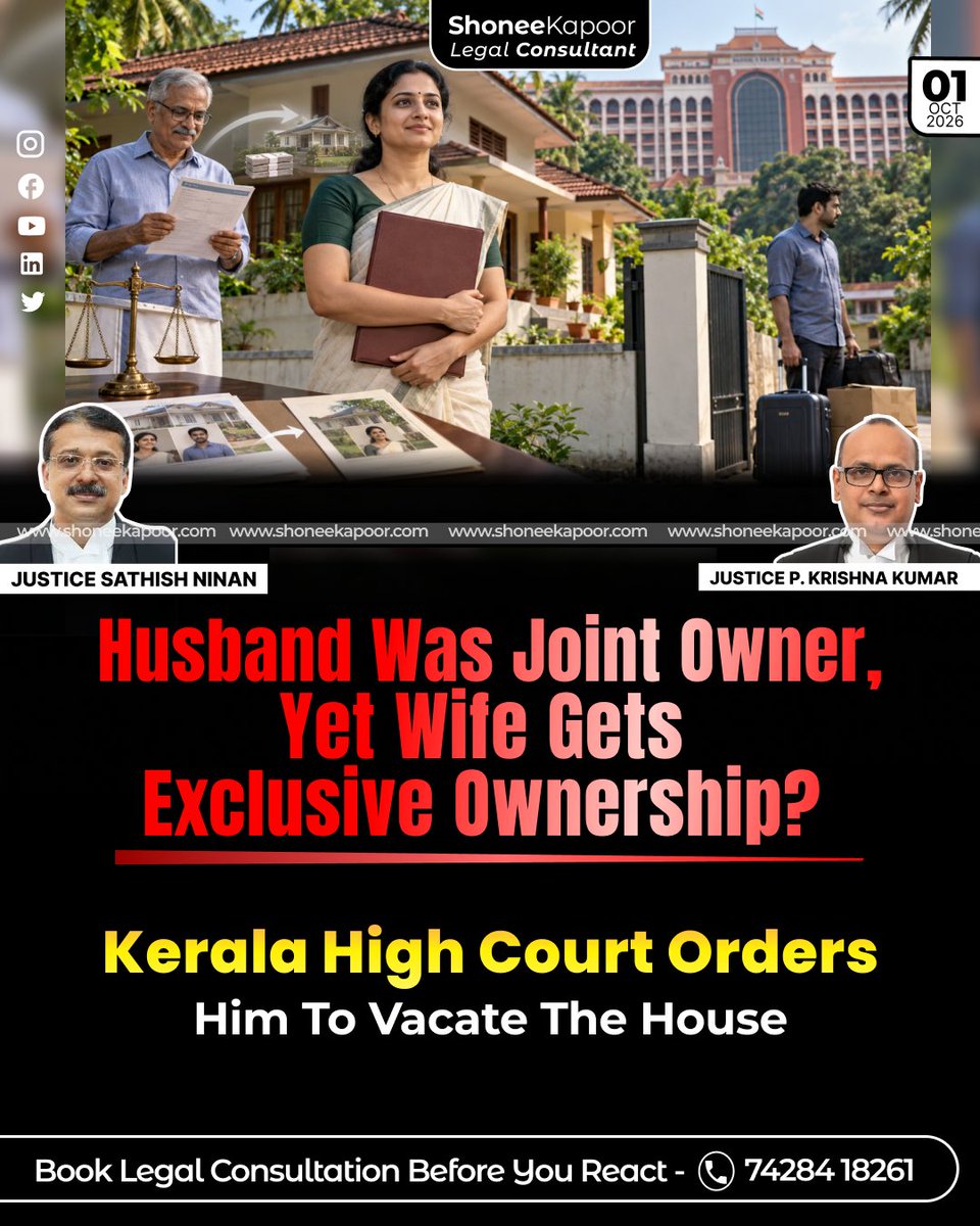 ShoneeKapoor's tweet photo. Husband's name was on the sale deed. Yet the Kerala High Court declared the wife the exclusive owner after finding that her father had paid the entire purchase consideration for her benefit.

The husband was directed to hand over possession within three months.

For men, the property lesson is clear: a name on the sale deed may not be enough. Preserve proof of every financial contribution you make towards a property.

TO READ EXACTLY WHAT THE HIGH COURT SAID AND DOWNLOAD THE ORDER COPY, CLICK HERE:👇
https://t.co/kExk8gIE0s

#MenToo #KeralaHighCourt #MensRigh