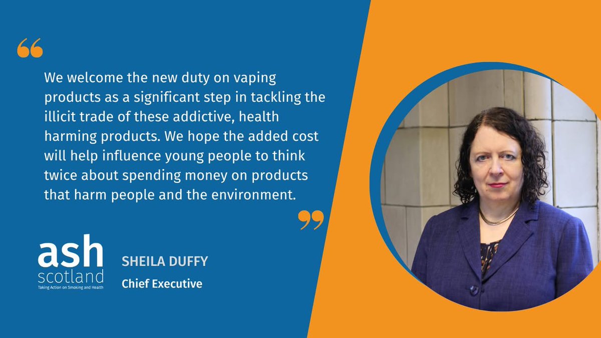 ASHScotland's tweet photo. A new duty on vaping products comes into force today.

The new excise duty of £2.20 per 10ml on all vaping liquids manufactured in or imported into the UK could increase the price of vapes and help reduce their affordability to young people.

Read more - https://t.co/k8KI4ZqVK9 https://t.co/xTONhKxokM